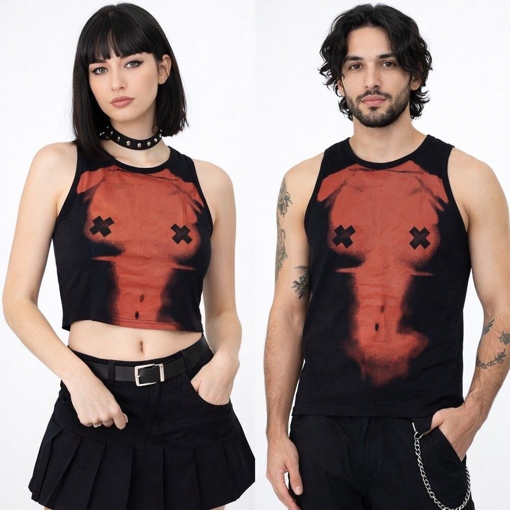 Cider Graphic Torso Print Crop Tank Top Large Black Nipple Cross Pasties Goth